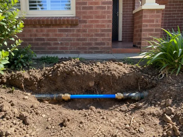 Exposed blue repaired water pipe in a dirt trench beside a brick house in Hamilton
