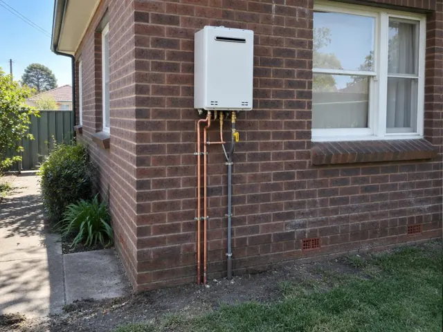 Wall-mounted hot water system with copper pipework on a brick exterior beside a window in Hamilton East